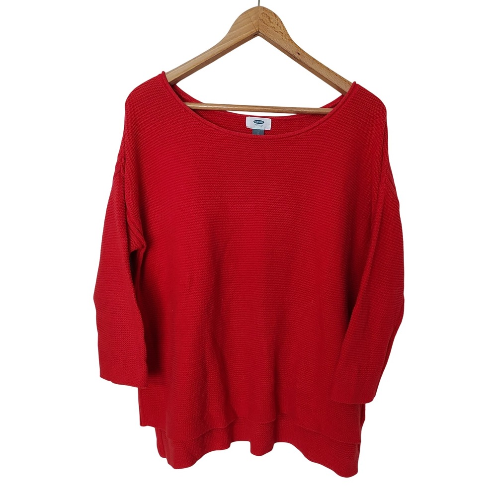 Old Navy Womens Red Garter Stitch Sweater 3/4 Sleeve‎ Coastal Preppy Casual